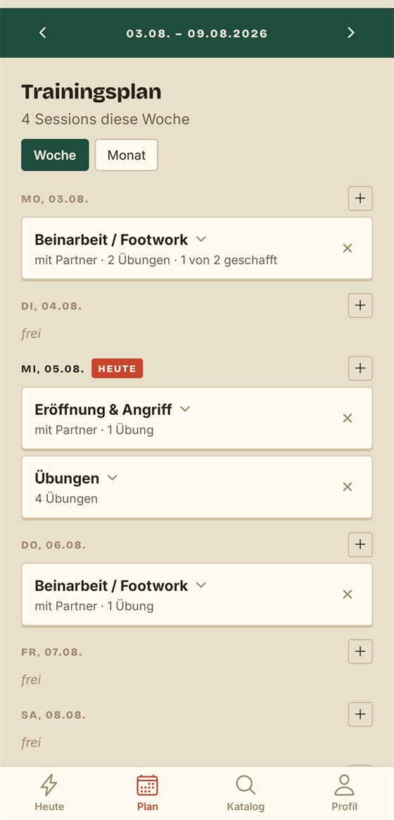 Wochenansicht des Trainingsplans in Penhold