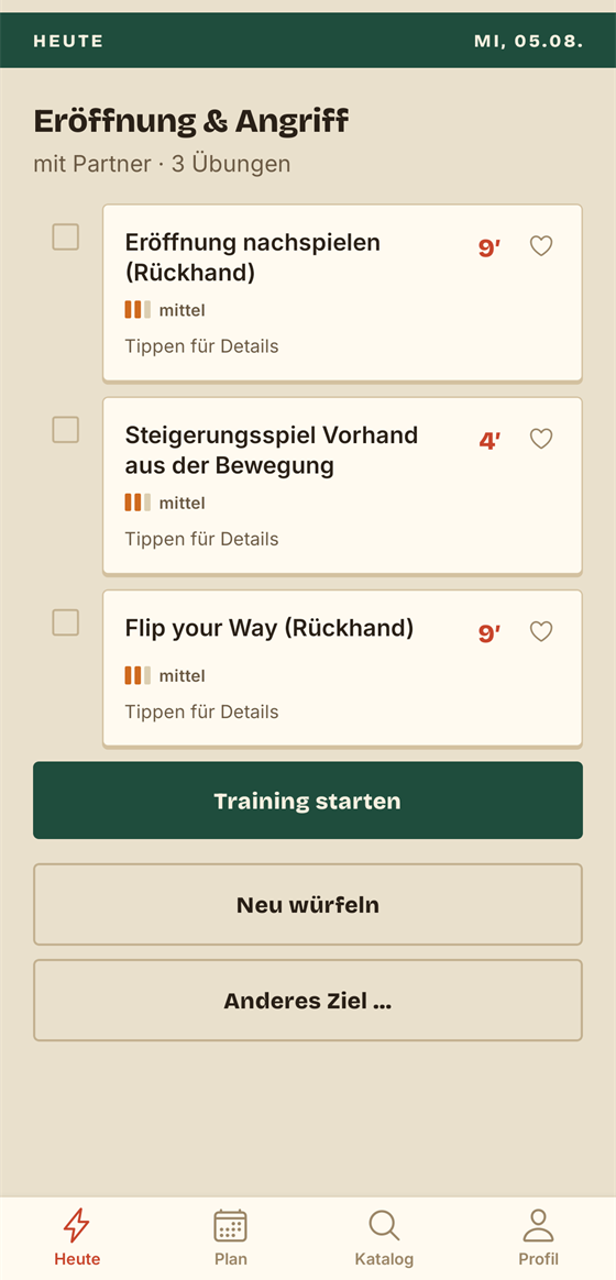 Eine generierte Session mit drei Übungen und empfohlener Dauer